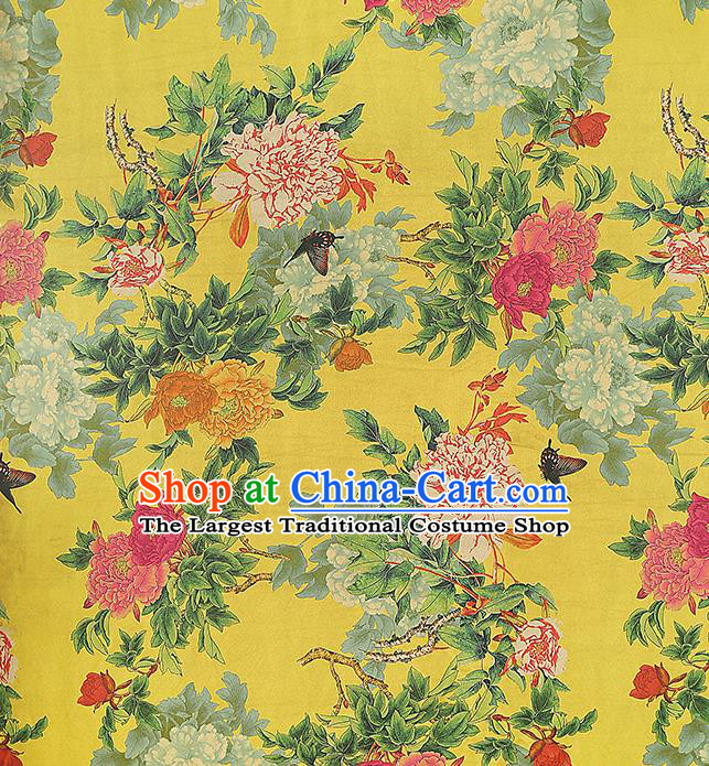 Chinese Gambiered Guangdong Gauze Brocade Cloth Drapery Traditional Cheongsam Royal Peony Pattern Yellow Silk Fabric