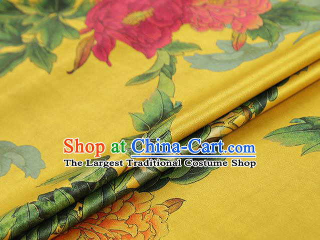 Chinese Gambiered Guangdong Gauze Brocade Cloth Drapery Traditional Cheongsam Royal Peony Pattern Yellow Silk Fabric