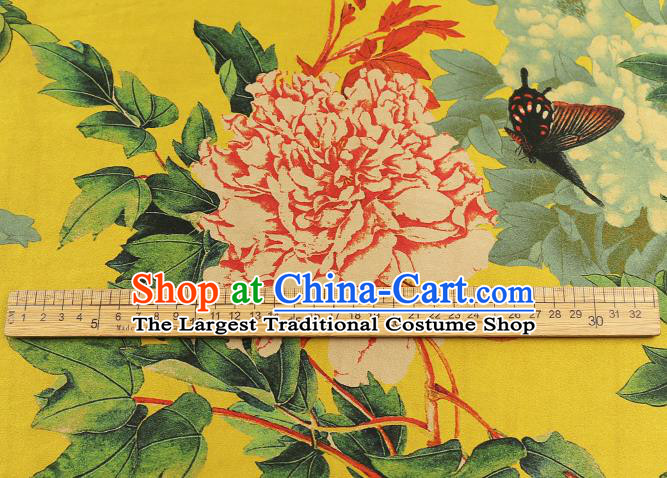 Chinese Gambiered Guangdong Gauze Brocade Cloth Drapery Traditional Cheongsam Royal Peony Pattern Yellow Silk Fabric