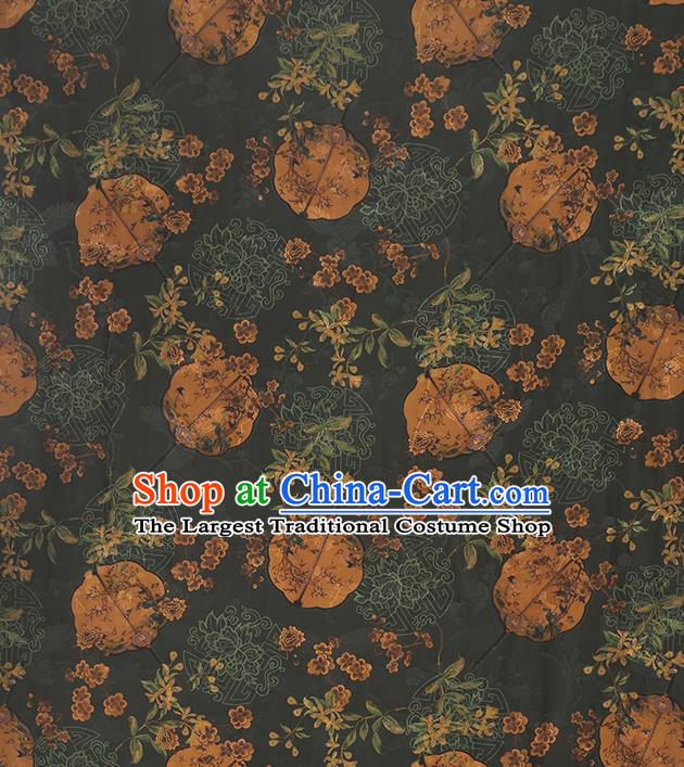 Chinese Dark Green Brocade Cloth Drapery Gambiered Guangdong Gauze Traditional Cheongsam Royal Plum Fan Pattern Silk Fabric