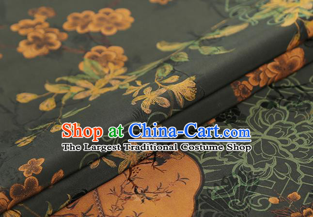 Chinese Dark Green Brocade Cloth Drapery Gambiered Guangdong Gauze Traditional Cheongsam Royal Plum Fan Pattern Silk Fabric