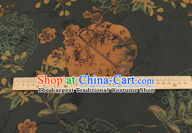 Chinese Dark Green Brocade Cloth Drapery Gambiered Guangdong Gauze Traditional Cheongsam Royal Plum Fan Pattern Silk Fabric