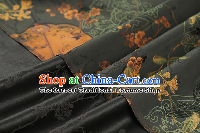 Chinese Dark Green Brocade Cloth Drapery Gambiered Guangdong Gauze Traditional Cheongsam Royal Plum Fan Pattern Silk Fabric
