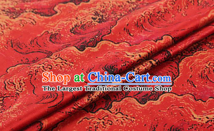 Chinese Red Brocade Cloth Drapery Gambiered Guangdong Gauze Traditional Cheongsam Royal Wave Pattern Silk Fabric