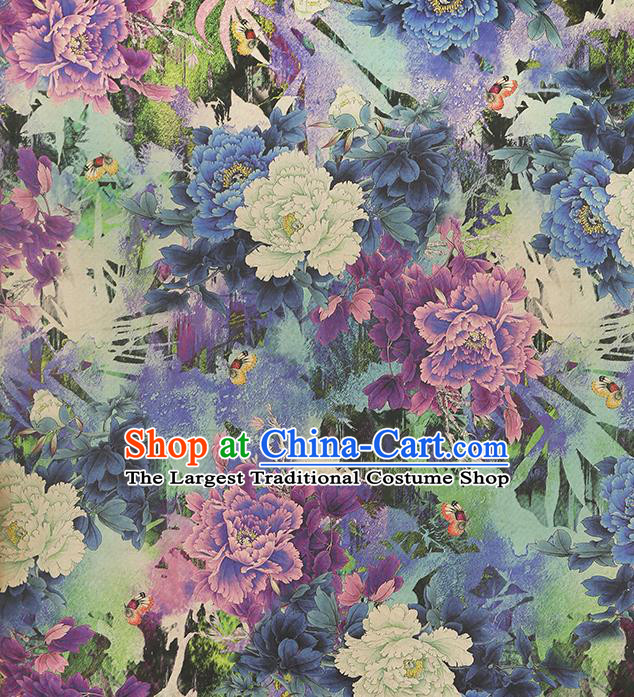 Chinese Printing Brocade Cloth Drapery Gambiered Guangdong Gauze Traditional Cheongsam Royal Purple Peony Pattern Silk Fabric
