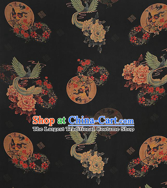 Chinese Classical Phoenix Peony Pattern Gambiered Guangdong Gauze Drapery Brocade Cloth Traditional Cheongsam Black Silk Fabric