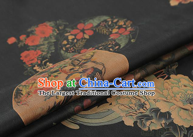 Chinese Classical Phoenix Peony Pattern Gambiered Guangdong Gauze Drapery Brocade Cloth Traditional Cheongsam Black Silk Fabric
