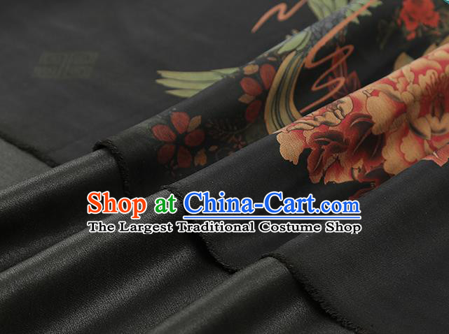 Chinese Classical Phoenix Peony Pattern Gambiered Guangdong Gauze Drapery Brocade Cloth Traditional Cheongsam Black Silk Fabric