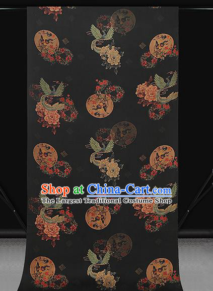 Chinese Classical Phoenix Peony Pattern Gambiered Guangdong Gauze Drapery Brocade Cloth Traditional Cheongsam Black Silk Fabric