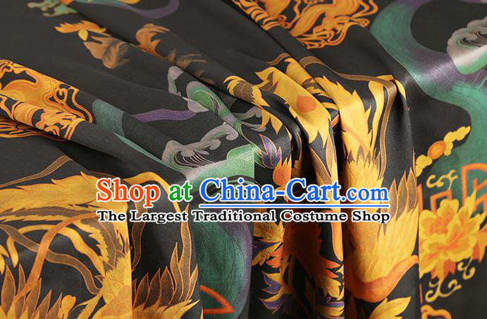 Chinese Classical Dragon Phoenix Pattern Gambiered Guangdong Gauze Drapery Brocade Cloth Traditional Cheongsam Black Silk Fabric