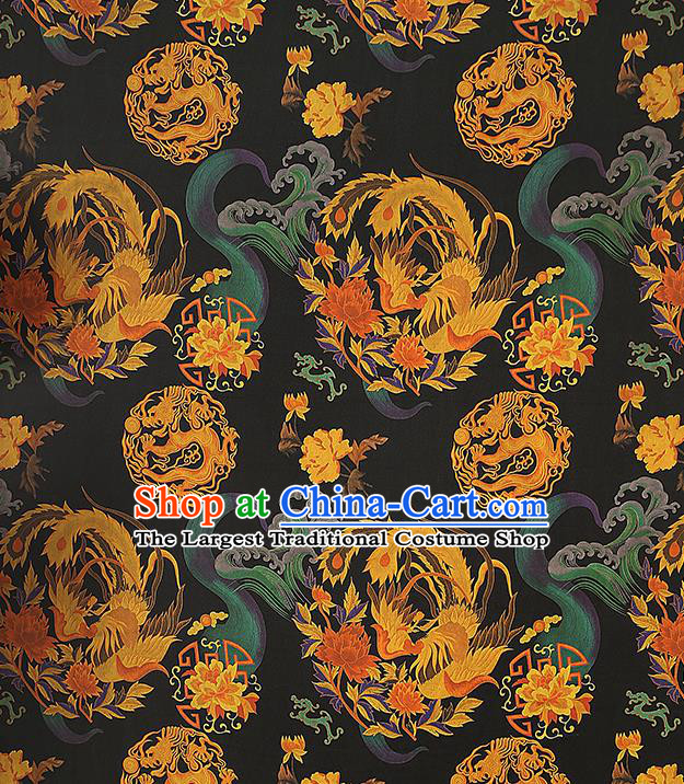 Chinese Classical Dragon Phoenix Pattern Gambiered Guangdong Gauze Drapery Brocade Cloth Traditional Cheongsam Black Silk Fabric