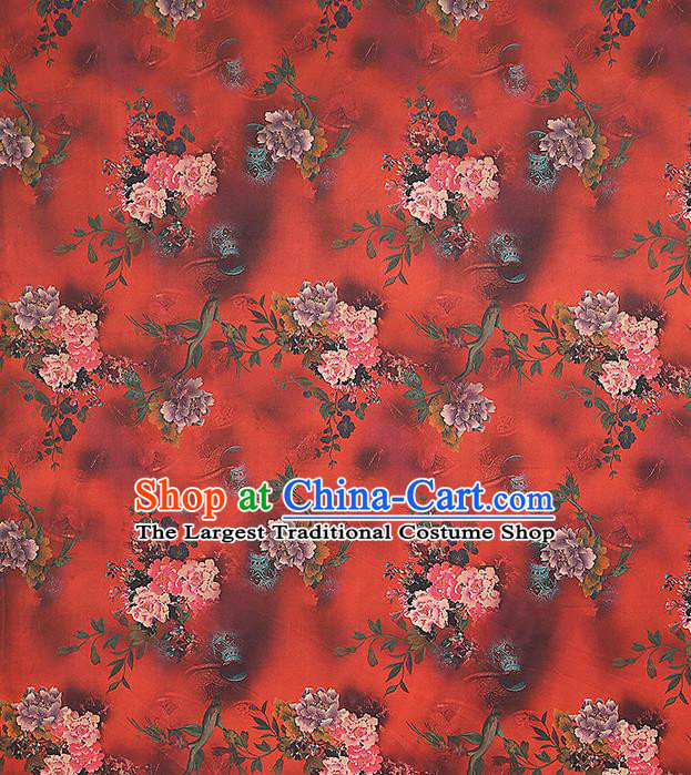 Chinese Classical Flowers Pattern Gambiered Guangdong Gauze Red Brocade Cloth Drapery Traditional Cheongsam Silk Fabric