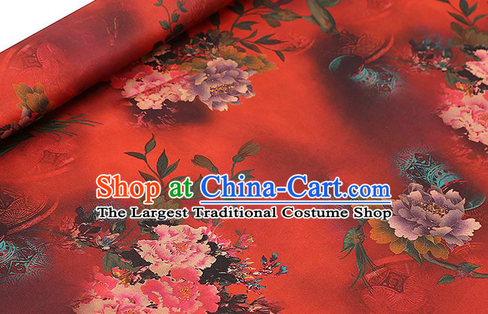Chinese Classical Flowers Pattern Gambiered Guangdong Gauze Red Brocade Cloth Drapery Traditional Cheongsam Silk Fabric