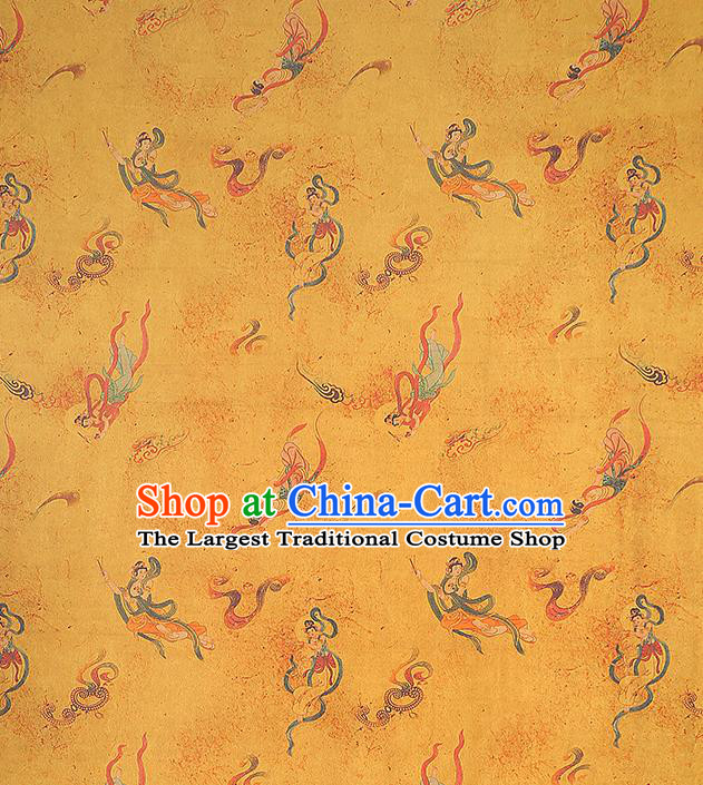 Chinese Yellow Gambiered Guangdong Gauze Traditional Cheongsam Silk Fabric Classical Flying Goddess Pattern Brocade Cloth Drapery
