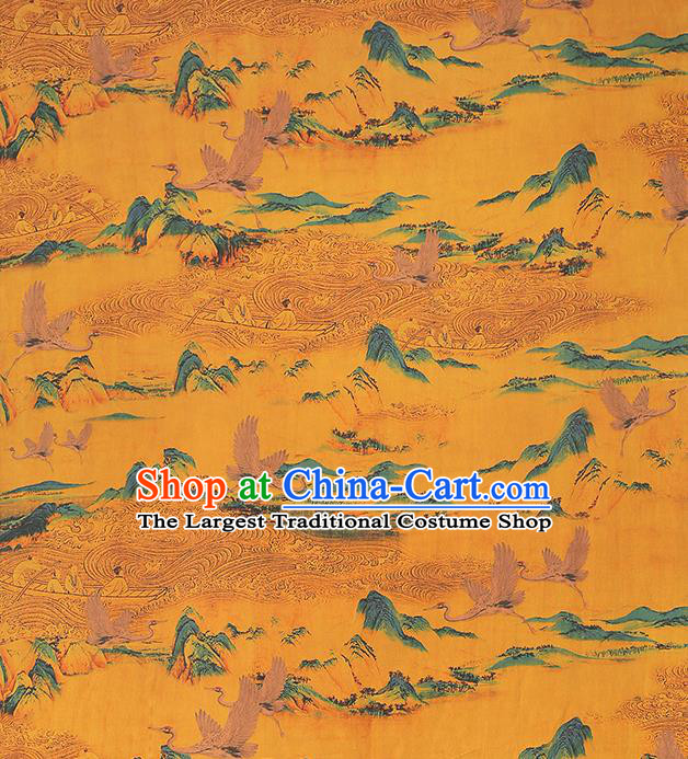 Chinese Traditional Cheongsam Silk Fabric Classical Landscape Crane Pattern Brocade Cloth Drapery Yellow Gambiered Guangdong Gauze