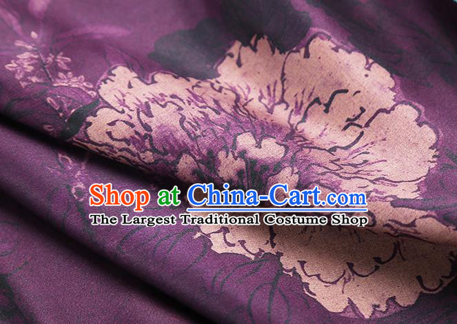 Chinese Cheongsam Purple Silk Fabric Traditional Brocade Cloth Classical Peony Plum Pattern Gambiered Guangdong Gauze Drapery