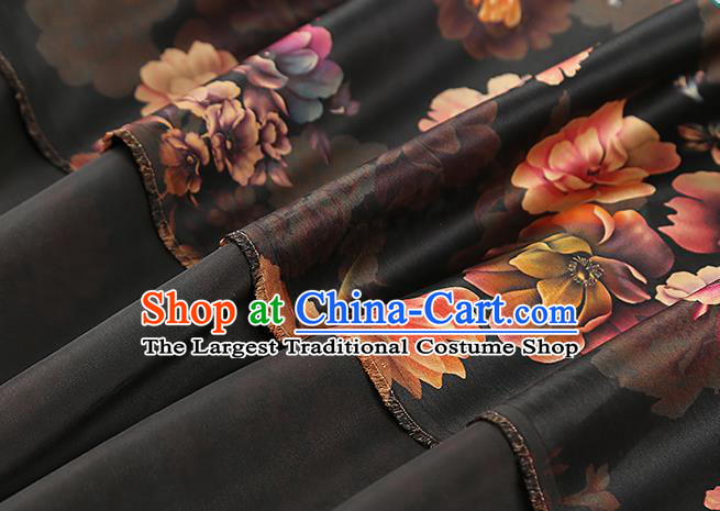 Chinese Traditional Brocade Cloth Classical Peony Pattern Gambiered Guangdong Gauze Drapery Cheongsam Black Silk Fabric