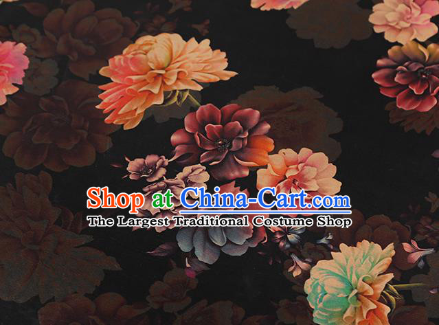 Chinese Traditional Brocade Cloth Classical Peony Pattern Gambiered Guangdong Gauze Drapery Cheongsam Black Silk Fabric