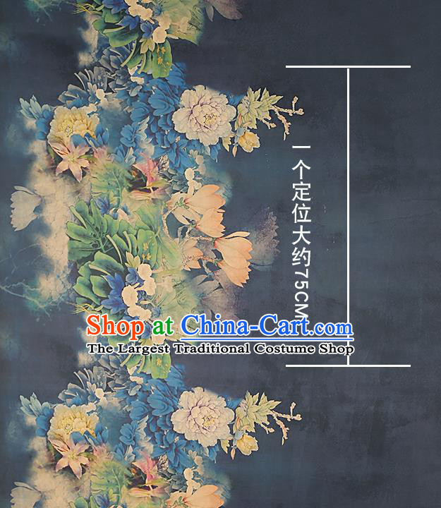 Chinese Traditional Navy Blue Brocade Drapery Cheongsam Silk Fabric Classical Peony Pattern Gambiered Guangdong Gauze