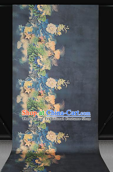 Chinese Traditional Navy Blue Brocade Drapery Cheongsam Silk Fabric Classical Peony Pattern Gambiered Guangdong Gauze
