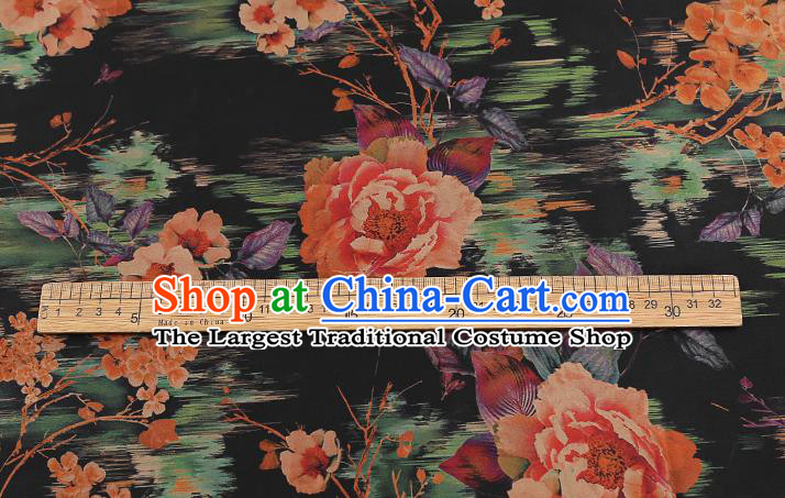 Chinese Traditional Black Brocade Drapery Cheongsam Silk Fabric Classical Roses Pattern Gambiered Guangdong Gauze
