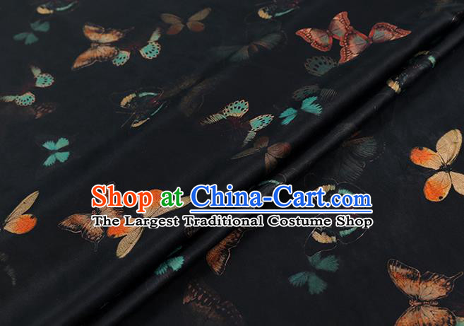 Chinese Classical Butterfly Pattern Black Brocade Fabric Traditional Gambiered Guangdong Gauze Cheongsam Silk Drapery