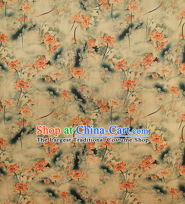 Chinese Classical Lotus Pattern Light Yellow Brocade Fabric Cheongsam Silk Drapery Traditional Gambiered Guangdong Gauze