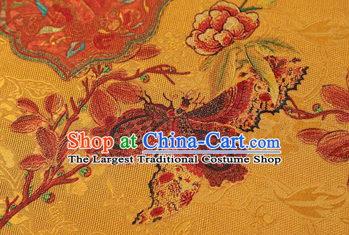 Chinese Traditional Gambiered Guangdong Gauze Classical Peony Pattern Golden Brocade Fabric Cheongsam Silk Drapery