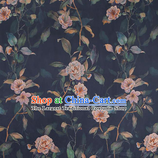 Chinese Cheongsam Printing Navy Silk Drapery Traditional Gambiered Guangdong Gauze Classical Camellia Pattern Brocade Fabric