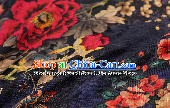 Chinese Traditional Gambiered Guangdong Gauze Classical Peony Pattern Brocade Fabric Cheongsam Printing Navy Silk Drapery