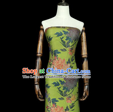 Chinese Cheongsam Green Silk Drapery Classical Peony Pattern Brocade Fabric Traditional Gambiered Guangdong Gauze Cloth