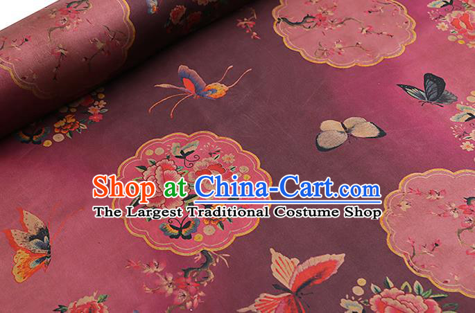 Chinese Traditional Purple Brocade Drapery Cheongsam Gambiered Guangdong Gauze Classical Peony Butterfly Pattern Silk Fabric
