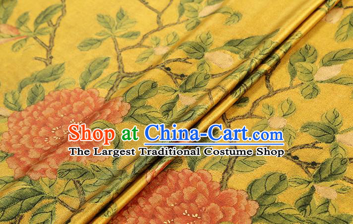 Chinese Classical Peony Pattern Brocade Fabric Traditional Gambiered Guangdong Gauze Cloth Cheongsam Yellow Silk Drapery