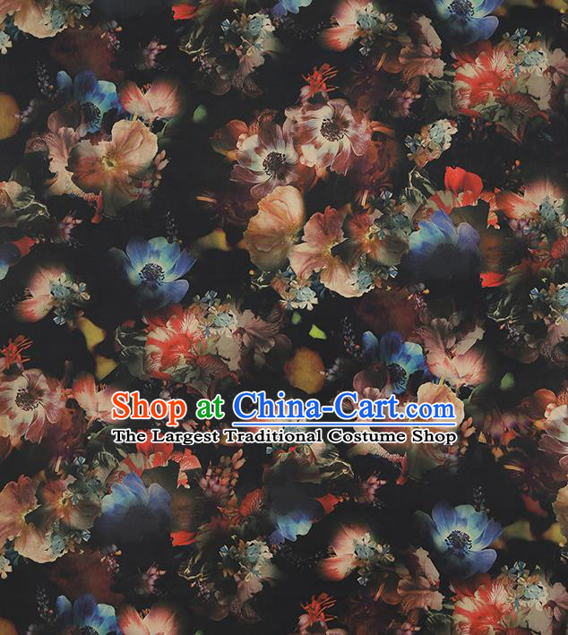 Chinese Traditional Black Brocade Drapery Cheongsam Gambiered Guangdong Gauze Classical Lotus Pattern Silk Fabric
