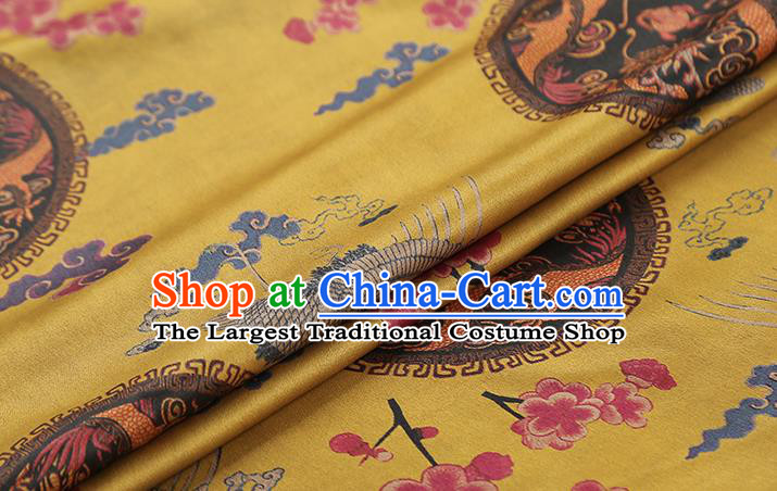 Chinese Traditional Cheongsam Yellow Gambiered Guangdong Gauze Cloth Silk Drapery Classical Phoenix Dragon Pattern Brocade Fabric