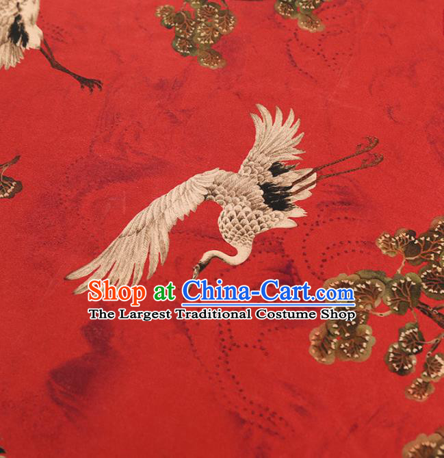 Chinese Cheongsam Silk Fabric Traditional Red Brocade Cloth Classical Pine Crane Pattern Gambiered Guangdong Gauze Drapery