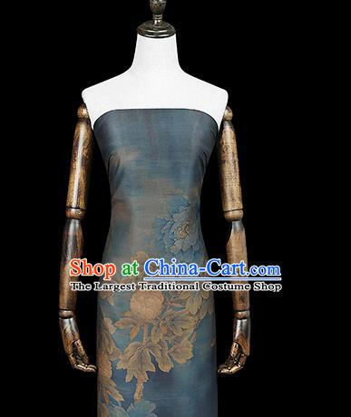 Chinese Traditional Silk Drapery Classical Peony Pattern Blue Brocade Cheongsam Gambiered Guangdong Gauze Fabric