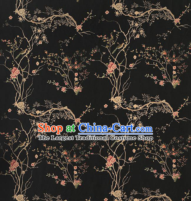 Chinese Classical Flowers Birds Pattern Brocade Traditional Black Silk Drapery Cheongsam Gambiered Guangdong Gauze Fabric