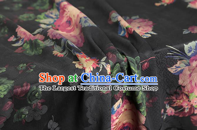 Chinese Classical Roses Pattern Brocade Cheongsam Black Gambiered Guangdong Gauze Fabric Traditional Silk Drapery