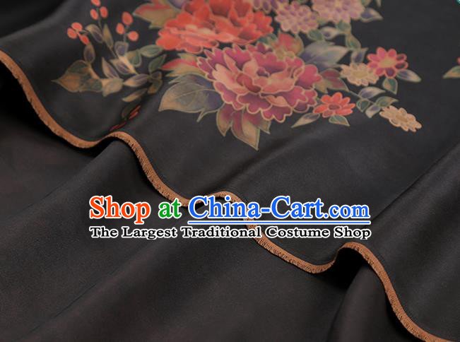 Chinese Classical Peony Pattern Gambiered Guangdong Gauze Brocade Fabric Traditional Cheongsam Black Silk Drapery