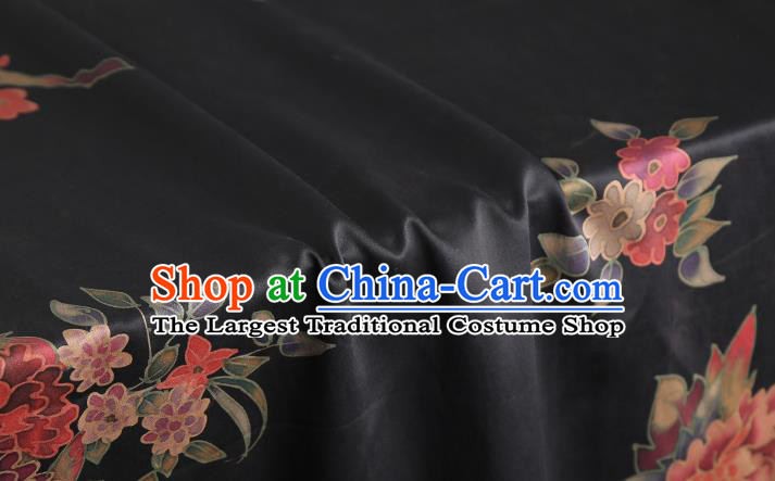 Chinese Classical Peony Pattern Gambiered Guangdong Gauze Brocade Fabric Traditional Cheongsam Black Silk Drapery