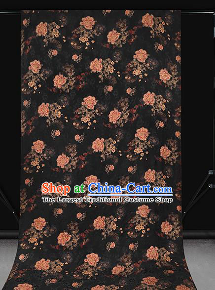 Chinese Brocade Fabric Traditional Cheongsam Black Silk Drapery Classical Peony Pattern Gambiered Guangdong Gauze