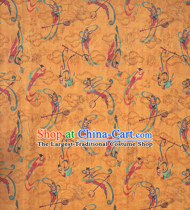 Chinese Traditional Cheongsam Gambiered Guangdong Gauze Yellow Brocade Fabric Classical Flying Apsaras Pattern Silk Drapery