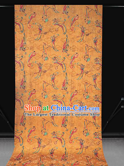 Chinese Traditional Cheongsam Gambiered Guangdong Gauze Yellow Brocade Fabric Classical Flying Apsaras Pattern Silk Drapery