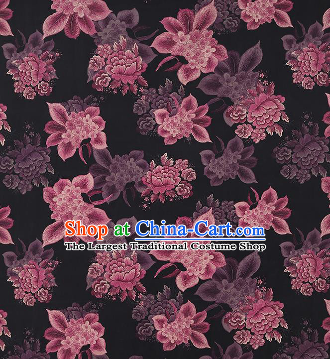 Chinese Traditional Cheongsam Black Brocade Fabric Classical Purple Peony Pattern Silk Drapery