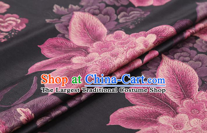 Chinese Traditional Cheongsam Black Brocade Fabric Classical Purple Peony Pattern Silk Drapery