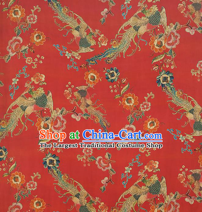 Chinese Traditional Wedding Brocade Fabric Red Satin Classical Phoenix Peony Pattern Silk Drapery