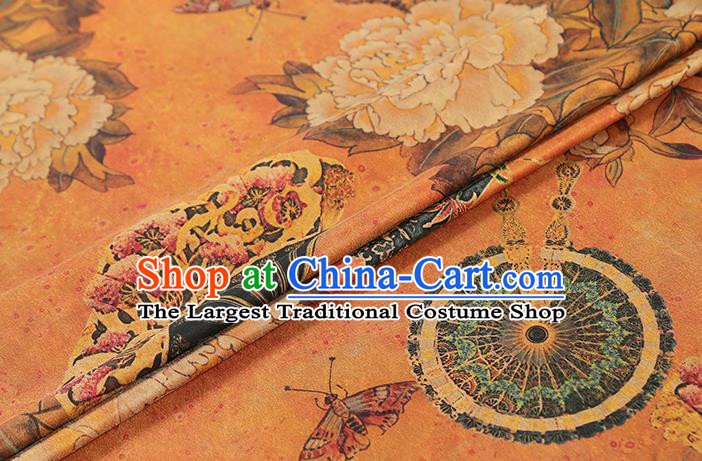 Chinese Cheongsam Orange Gambiered Guangdong Gauze Cloth Traditional Silk Drapery Classical Peony Fan Pattern Brocade Fabric