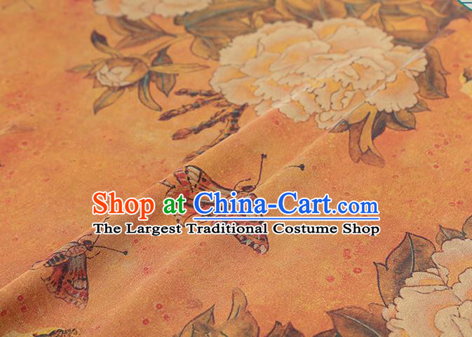 Chinese Cheongsam Orange Gambiered Guangdong Gauze Cloth Traditional Silk Drapery Classical Peony Fan Pattern Brocade Fabric