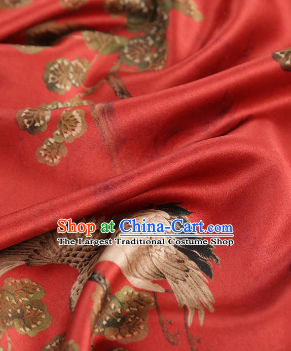 Chinese Cheongsam Silk Fabric Traditional Red Brocade Cloth Classical Pine Crane Pattern Gambiered Guangdong Gauze Drapery